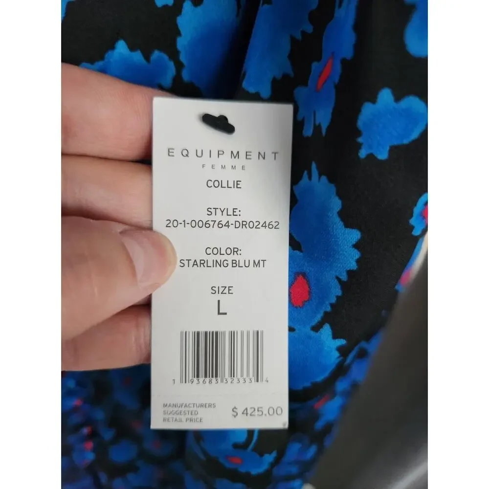 Equipment Femme Womens Blue Black Floral V-Neck Empire Waist Shift Dress NWT L - Picture 12 of 13